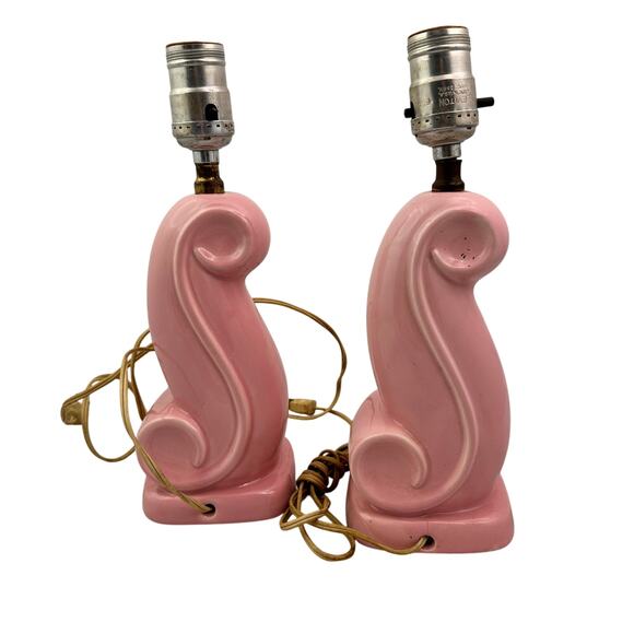 MCM 1950s Pink Swirl Table Lamp abstract design set of 2 - Picture 4 of 6